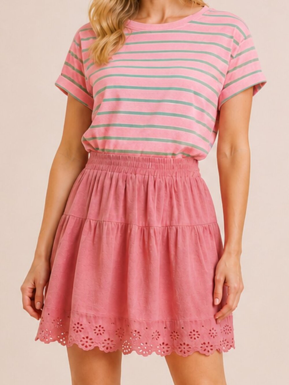 NWT UMGEE L 12 14 Rose Eyelet Detail Elastic Waistband Full Short Skirt Linen
